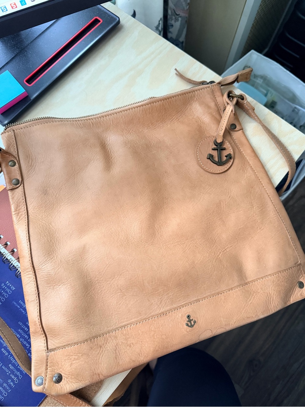 Leather Crossbody Bag with Anchor Charm - Tan